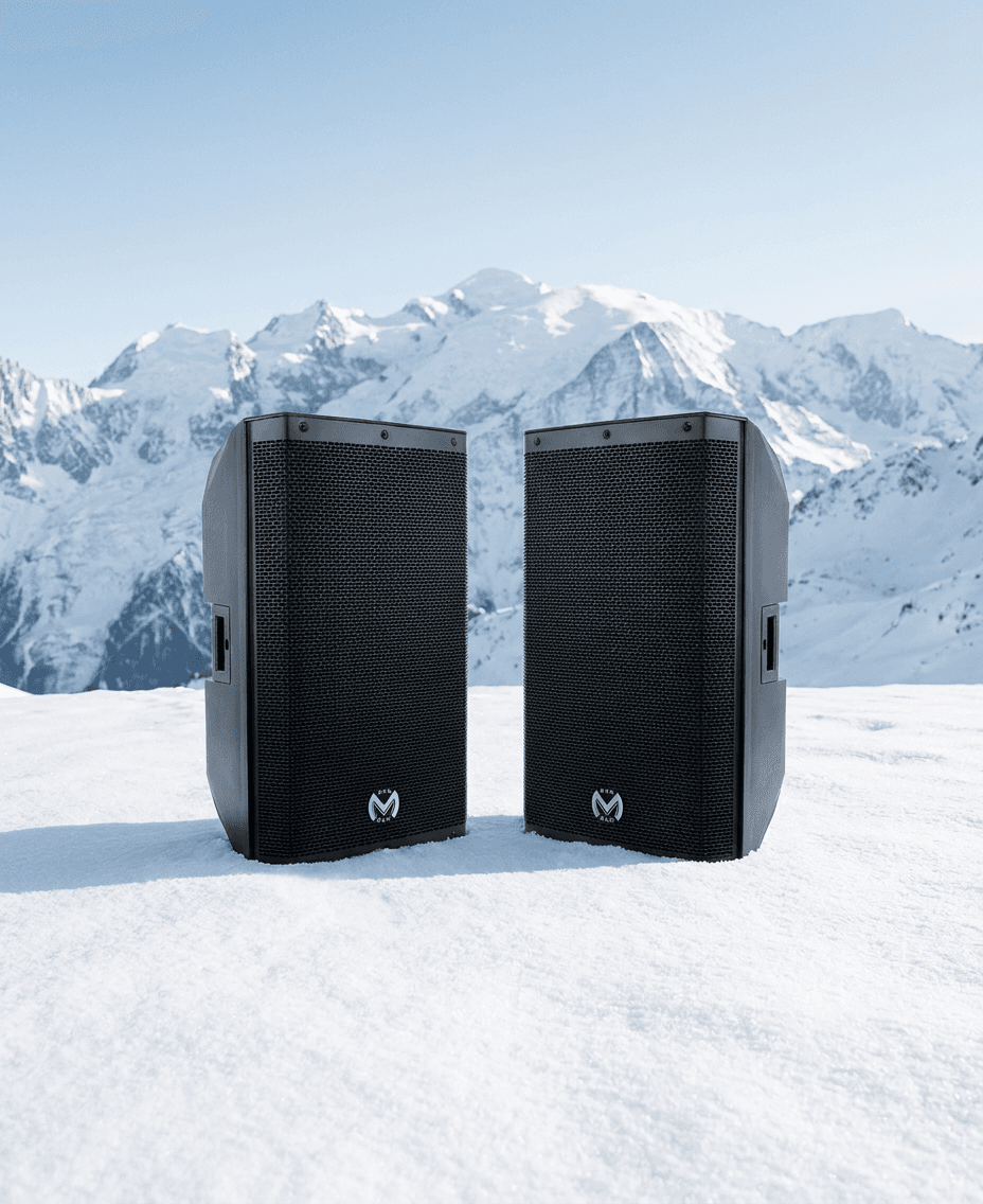 Pack Essentiel SoundRush avec deux enceintes compactes sur fond de montagne enneigée