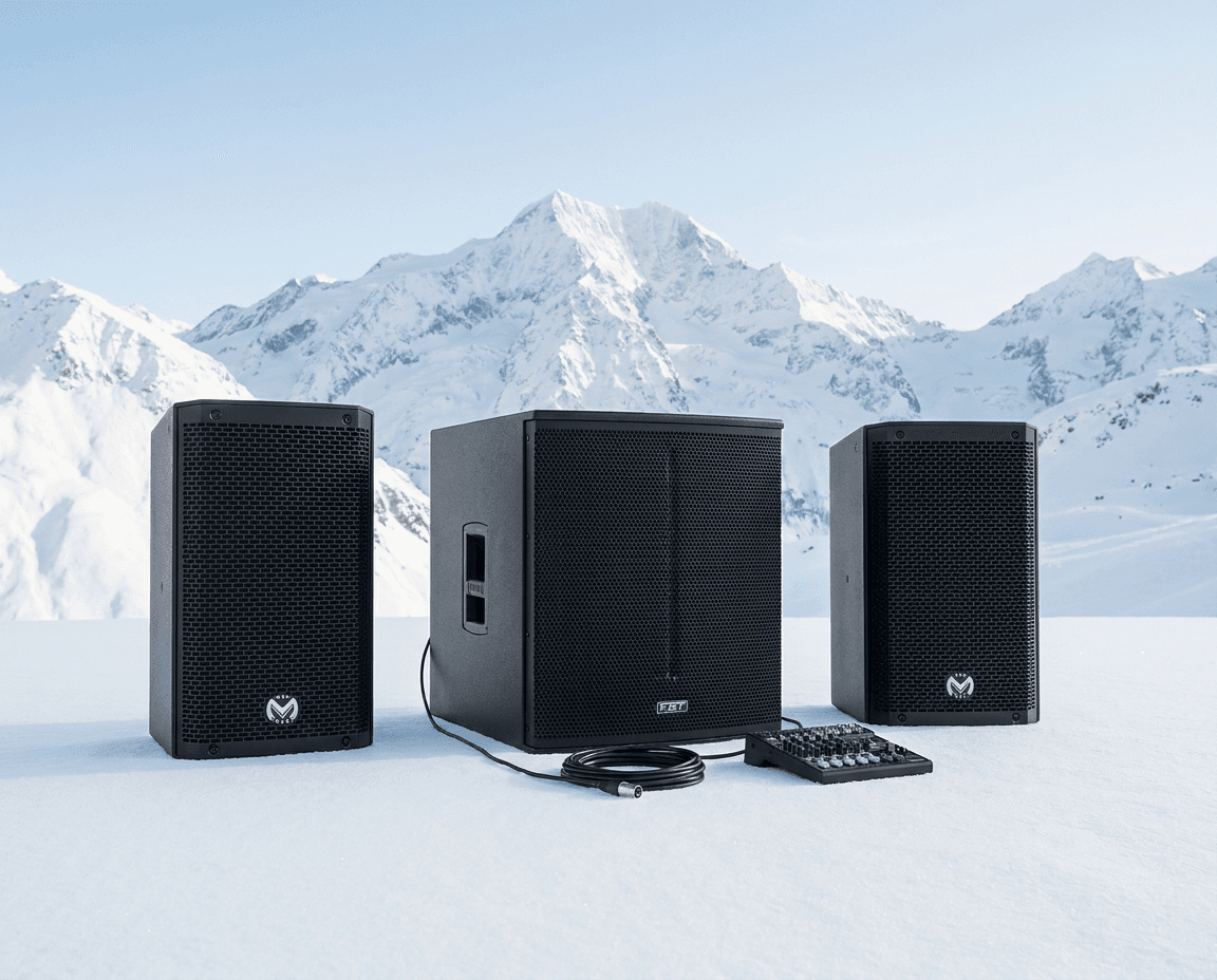 Pack Événement SoundRush avec deux enceintes et un caisson sur fond de montagne enneigée