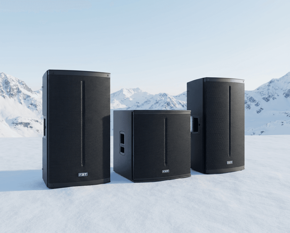 Pack Puissance SoundRush avec enceintes FBT et caisson sur fond de montagne enneigée